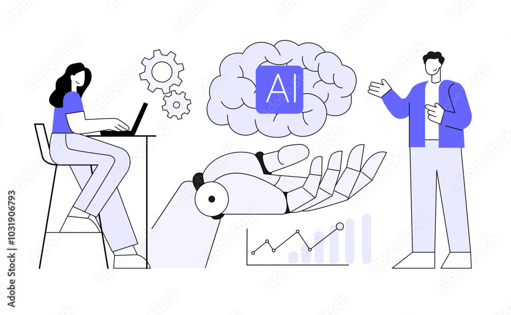 Man and woman talk about how AI works. Bot hand concept idea, flat vector illustration. Man and woman talk about how AI works. Bot hand concept idea, flat vector illustration.