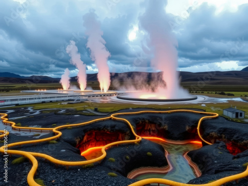 A volcano with a yellow hose running down its side. The volcano is spewing out steam and smoke photo