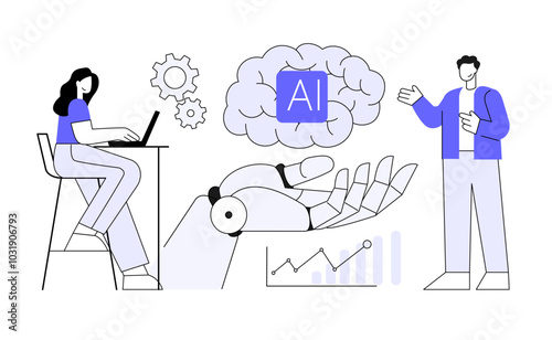 Man and woman talk about how AI works. Bot hand concept idea, flat vector illustration.