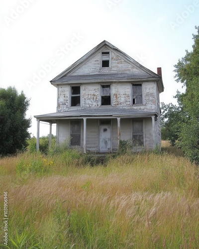 An old, abandoned house surrounded by tall grass and trees, showcasing weathered walls and a faded charm. photo