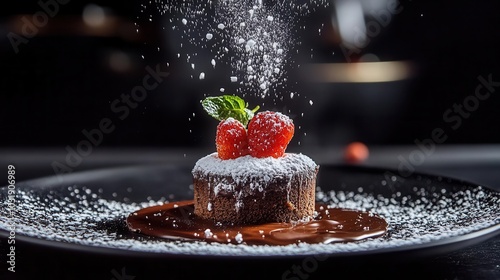 Chocolate dessert topped with fresh raspberries and powdered sugar.