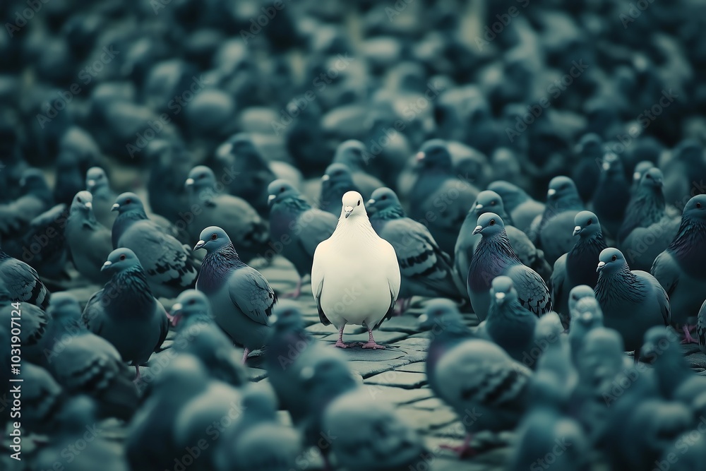 Obraz premium A unique white pigeon stands out amidst a flock of dark pigeons, symbolizing individuality and distinctiveness.