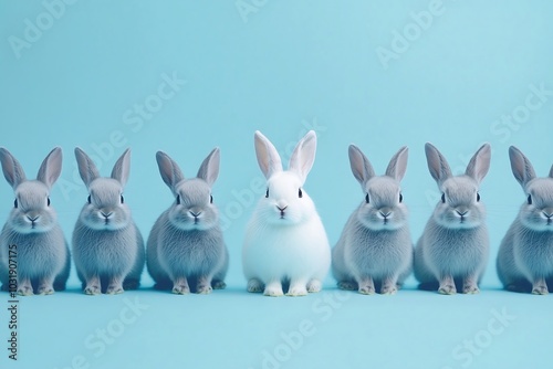 A unique white rabbit stands out among a group of identical gray bunnies on a light blue background. Symbolizing individuality, uniqueness, and distinctiveness