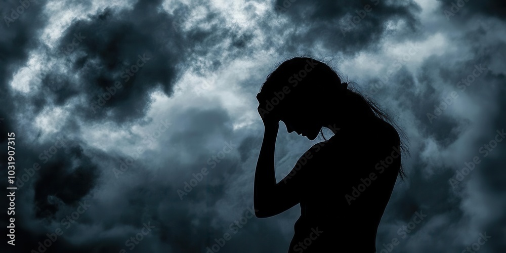 Silhouette of a woman expressing feelings of sadness against a dark, stormy background.