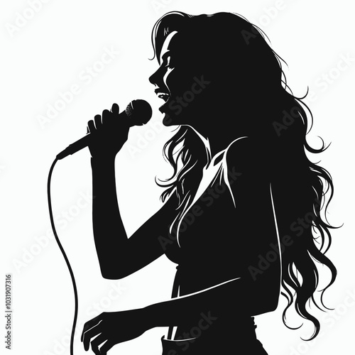Actress in a microphone sings a song. vector black color silhouette, isolated white background 