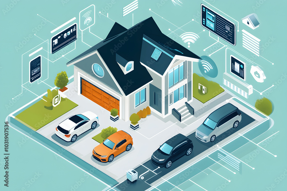 Smart home automation illustration featuring connected devices, IoT integration, smart garage, security system, and seamless control, showcasing the future of intelligent living technology Smart home automation illustration featuring connected devices, IoT integration, smart garage, security system, and seamless control, showcasing the future of intelligent living technology