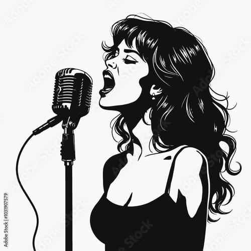 Actress in a microphone sings a song. vector black color silhouette, isolated white background 
