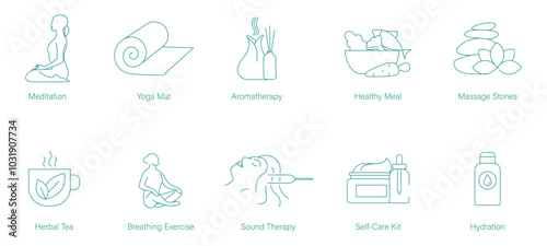 Meditation, Yoga Mat, Aromatherapy, Healthy Foods, Massage Stones, Herbal Tea, Breathing Exercise, Sound Therapy, Cosmetic Self-Care Kit, and Hydration Vector Icons for Mindfulness and Wellness  