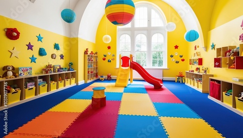 Image depicts a vibrant and colorful children's playroom, Children's nursery with a playful and inviting atmosphere