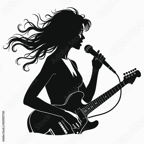 Actress in a microphone sings a song. vector black color silhouette, isolated white background 