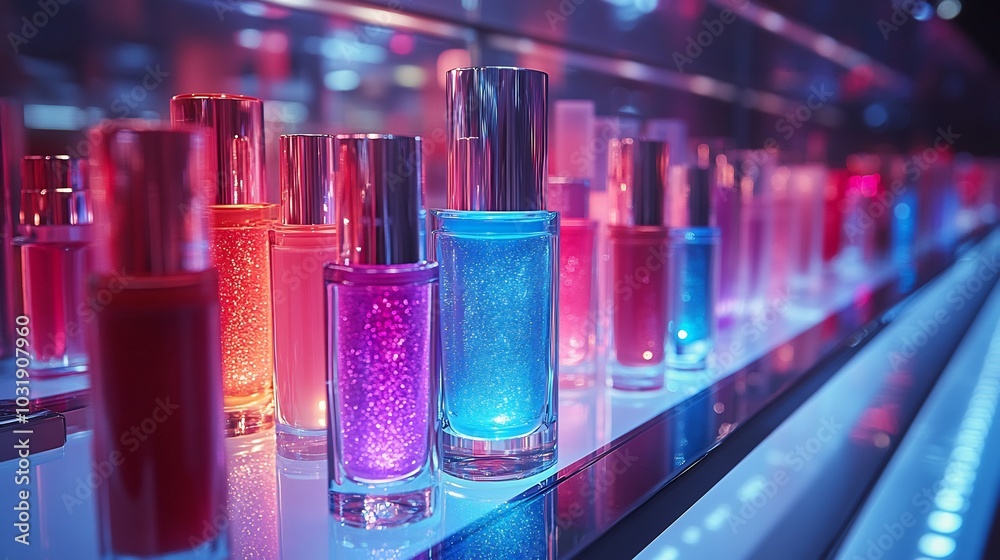 Futuristic Makeup display sleek holographic packaging vibrant colors showcasing electric blue eyeliners neon lipsticks and shimmering powders on angular metal stands Futuristic Makeup display sleek holographic packaging vibrant colors showcasing electric blue eyeliners neon lipsticks and shimmering powders on angular metal stands