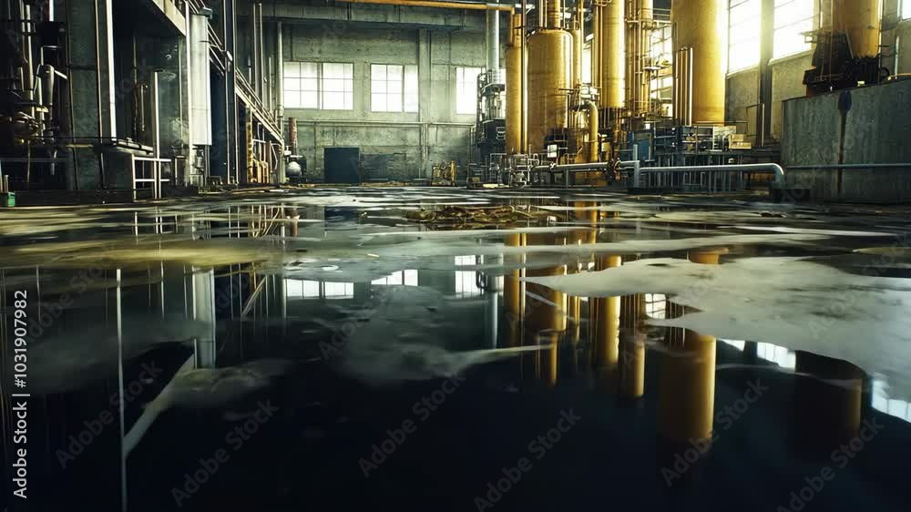 A flooded factory floor reflects the surrounding machinery, casting an eerie glow on the water A flooded factory floor reflects the surrounding machinery, casting an eerie glow on the water