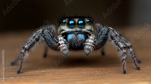  A tight shot of a jumping spider on wood, its leg background softly blurred