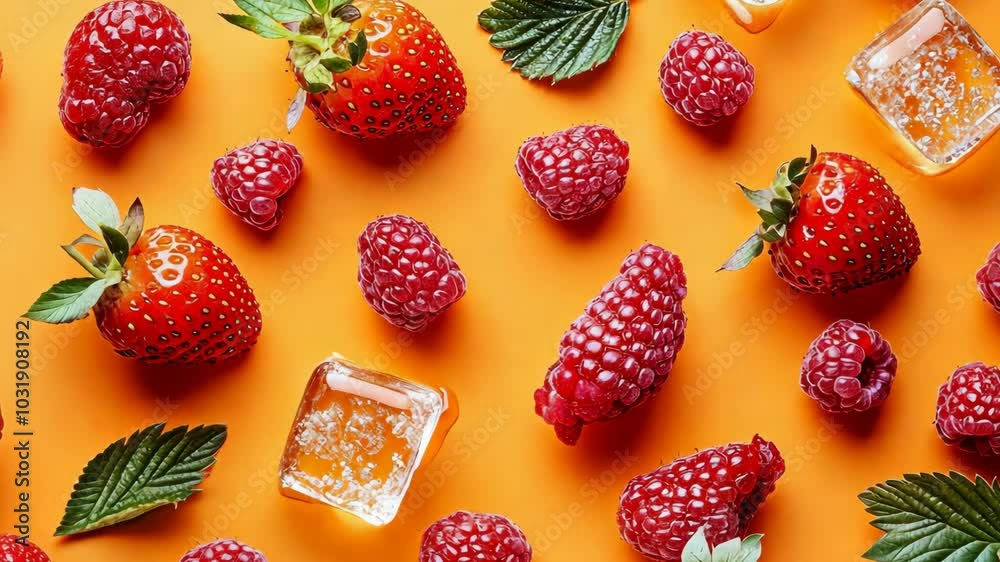 Fresh strawberries and raspberries arranged on an orange background with ice cubes