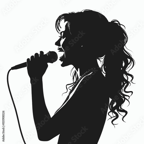 Actress in a microphone sings a song. vector black color silhouette, isolated white background 
