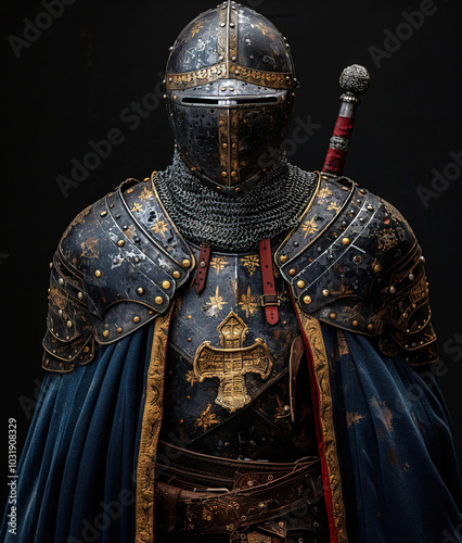 Intricate medieval knight armor displayed with a sword against a white background. Header banner mockup with copy space. photo