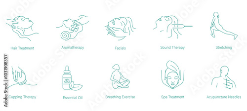 Hair Treatment, Aromatherapy, Facials, Sound Therapy, Stretching, Cupping Treatment, Essential Oil, Meditation, Breathing Exercises, Spa Treatment, and Acupuncture Vector Icons for Relaxation  