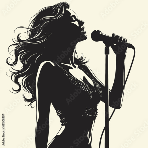 Actress in a microphone sings a song. vector black color silhouette, isolated white background 