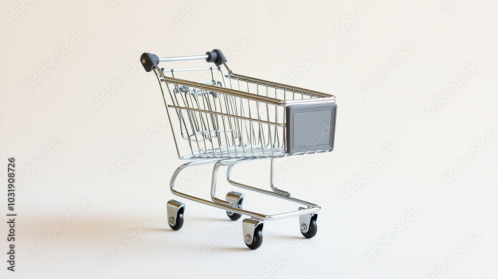 A little, empty metal shopping cart sits all alone against a white backdrop. A little, empty metal shopping cart sits all alone against a white backdrop.