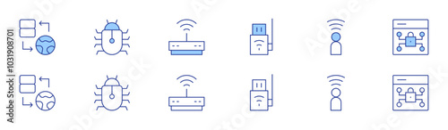 Internet icon set in two styles, Duotone and Thin Line style. Editable stroke. hosting, wireless internet, user, protection, spyware, modem