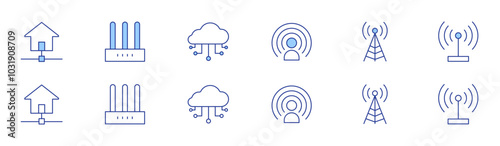 Internet icon set in two styles, Duotone and Thin Line style. Editable stroke. house, influence, radio tower, internet, internet service, cloud