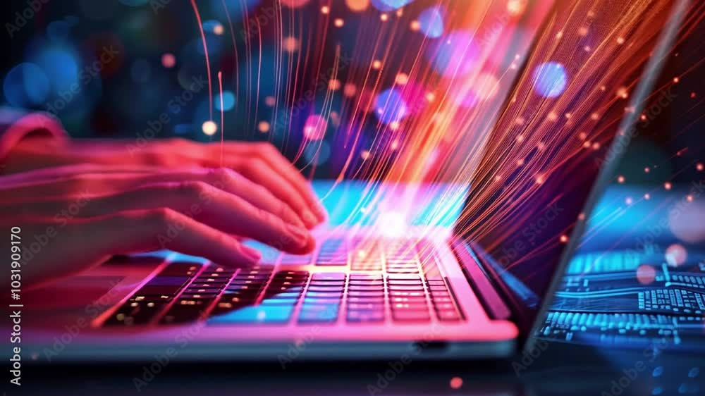 A person is actively typing on a sleek laptop, surrounded by vibrant digital particles that create a sense of movement and energy, reflecting a busy technological atmosphere. A person is actively typing on a sleek laptop, surrounded by vibrant digital particles that create a sense of movement and energy, reflecting a busy technological atmosphere.