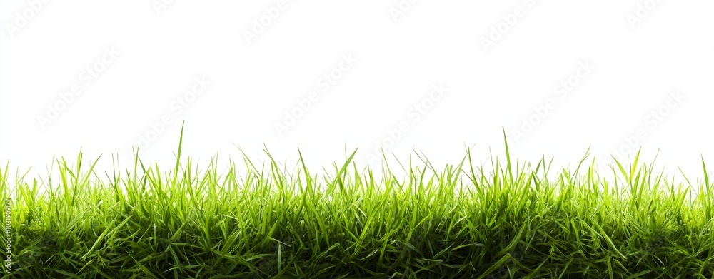 Seamless border of green grass isolated on a white background, offering space for text or design, representing a concept for the spring season with realistic details. Seamless border of green grass isolated on a white background, offering space for text or design, representing a concept for the spring season with realistic details.