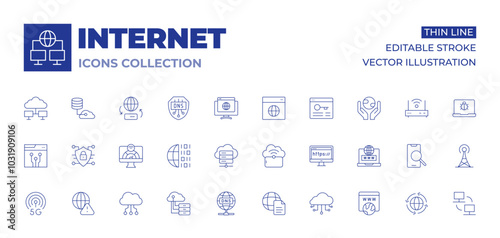 Internet icons collection. Thin Line icons, editable stroke. g, alert, bandwidth, binary, cloud data, cloud server, cryptography, cyber security, cloud storage, cloud, dns, document, domain