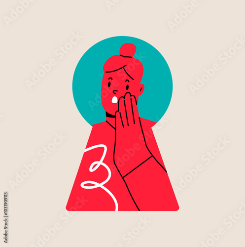 Woman look in lock hole. Watch in secret. Colorful vector illustration