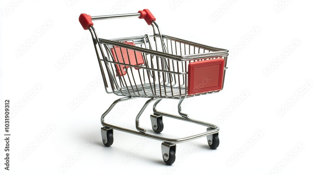 A little, empty metal shopping cart sits all alone against a white backdrop. A little, empty metal shopping cart sits all alone against a white backdrop.