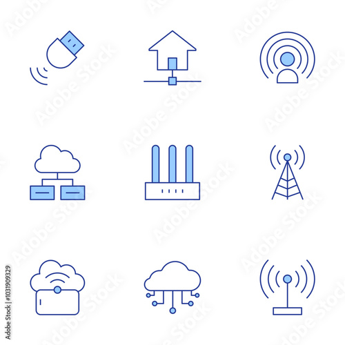 Internet icons set. Line Duotone style, editable stroke. house, influence, radio tower, internet, cloud computing, internet service, cloud, cloud storage