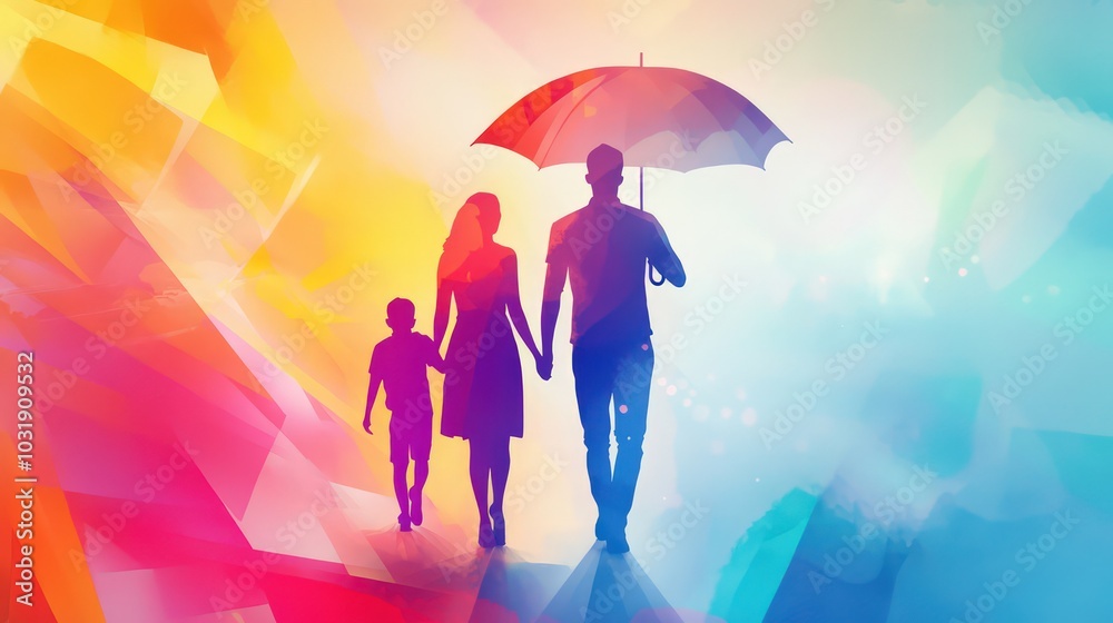 A vibrant digital illustration a family shielded by an umbrella, representing family insurance coverage