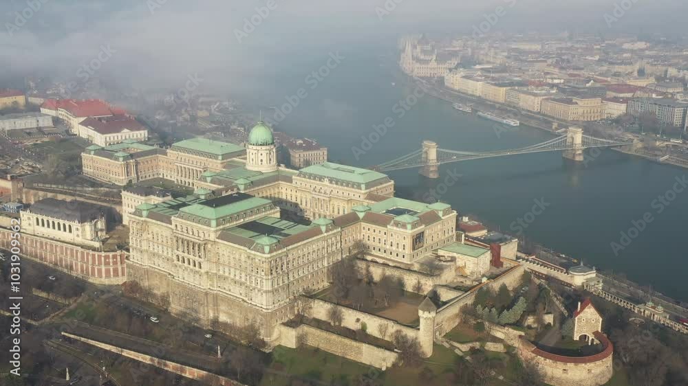 A view of Buda Castle from above on a foggy day A view of Buda Castle from above on a foggy day