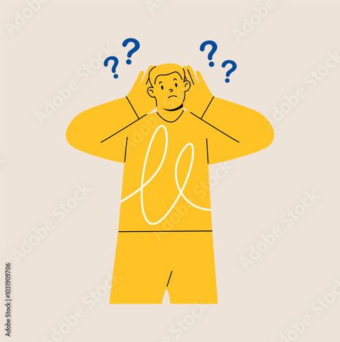Surprised man hold hand near ear listening. Secrecy concept. Colorful vector illustration