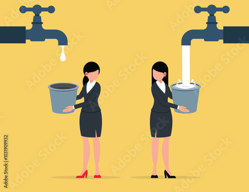 Contrast between business. Two businesswomen with buckets of water in managing different incomes