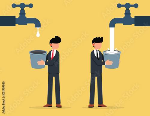 Contrast between business. Two businessmen with buckets of water in managing different incomes