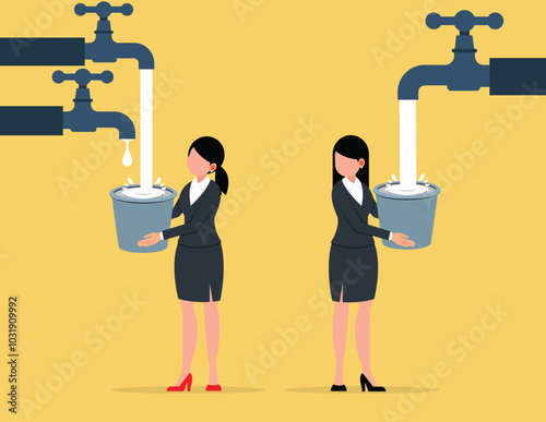 Contrast between business. Two businesswomen with buckets of water in managing different incomes, Financial Planning concept