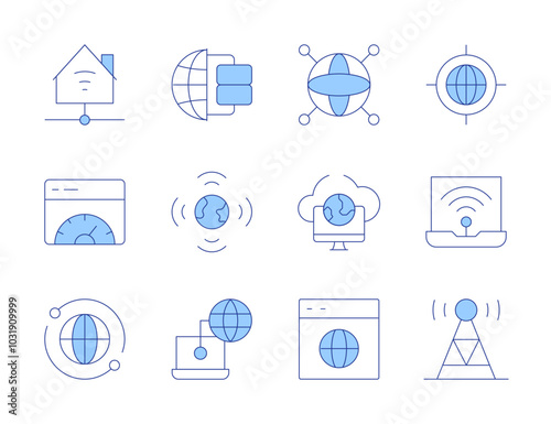 Internet icons. Line Duotone style, editable stroke. smart home, web, wifi, target, radio antenna, remote access, speedometer, internet, local network, worldwide, global network, browser