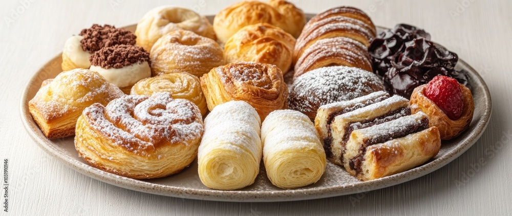 A platter of assorted pastries, including chocolate-filled croissants, filled with custard and topped with powdered sugar. A platter of assorted pastries, including chocolate-filled croissants, filled with custard and topped with powdered sugar.