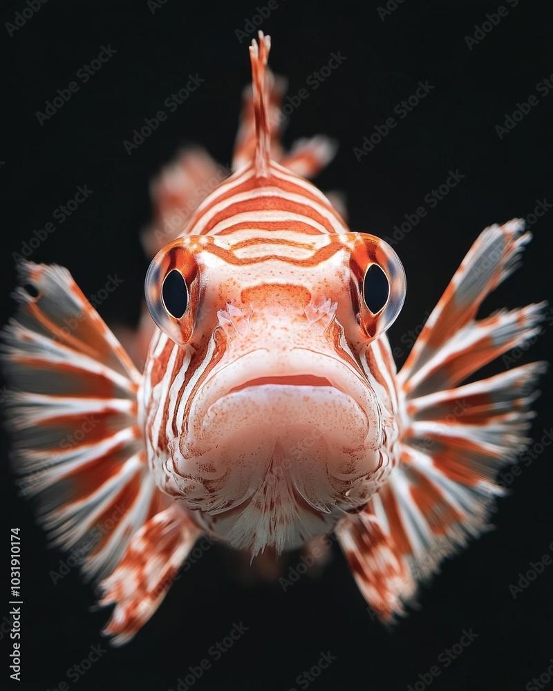 Fototapeta premium the Zebra Lionfish, portrait view, white copy space on right, Isolated on black Background
