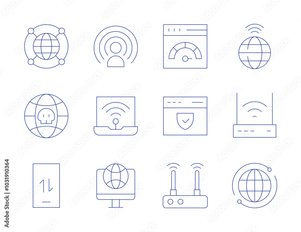 Internet icons. Thin Line style, editable stroke. wifi, world, website, internet, internet security, mobile data, modem, influence Internet icons. Thin Line style, editable stroke. wifi, world, website, internet, internet security, mobile data, modem, influence