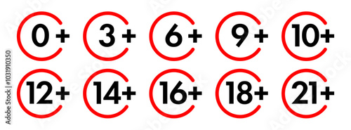 Age limit sign set color style for adults content only age restriction 0, 3, 6, 9, 10, 12, 14, 16, 18, 21 plus years old icon vector 10 eps
