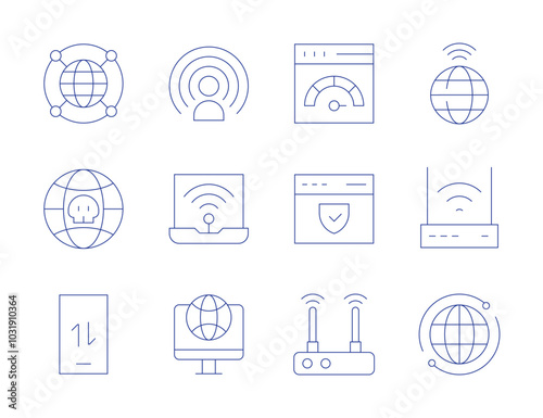 Internet icons. Thin Line style, editable stroke. wifi, world, website, internet, internet security, mobile data, modem, influence