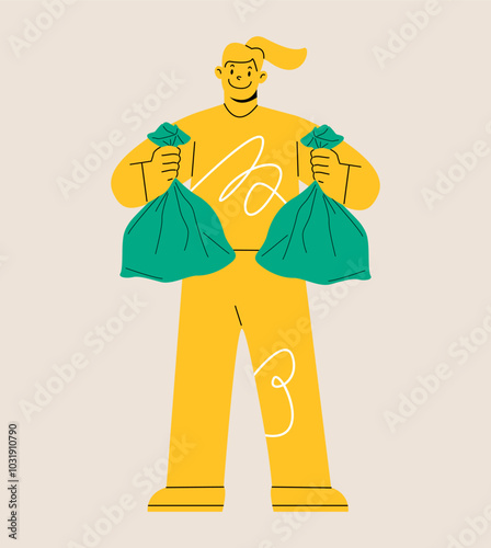 Woman holding plastic bags. Litter recycling concept. Colorful vector illustration