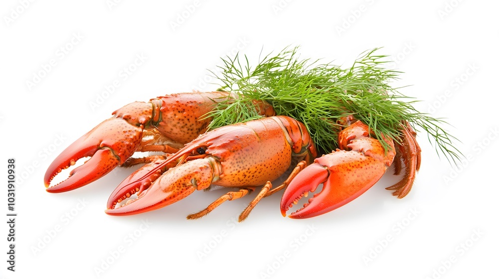 Boiled crayfish with dill isolated on white background. 