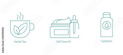 Herbal Tea, Self-Care Kit, and Hydration Vector Icons for Wellness and Nutrition
