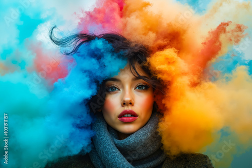 A woman with colorful smoke coming out of her hair