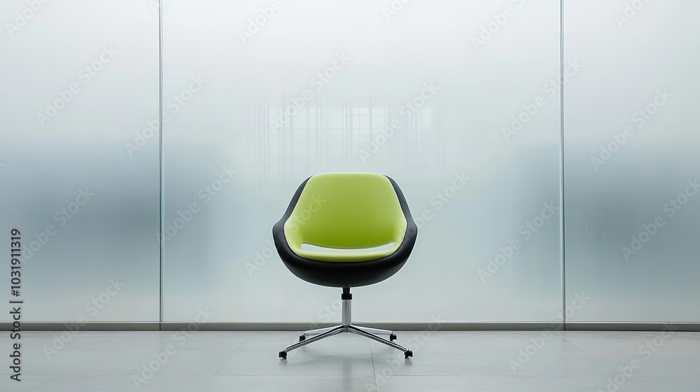 A modern black office chair with a vivid lime green seat cushion sits isolated behind a transparent glass partition, exuding a minimalist aesthetic in the workspace. A modern black office chair with a vivid lime green seat cushion sits isolated behind a transparent glass partition, exuding a minimalist aesthetic in the workspace.