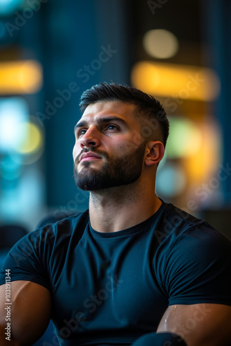 A man with a beard sitting in a gym looking up at the sky