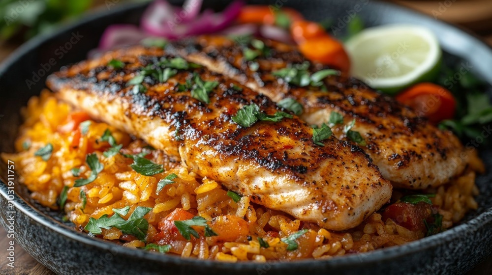 Blackened catfish served with seasoned rice. Blackened catfish served with seasoned rice.